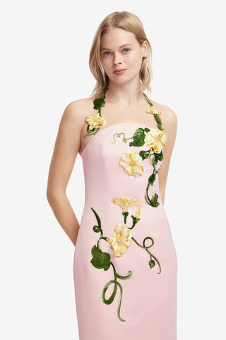 Ava Halterneck Appliqué Floral Bustier Maxi Dress - Vine Print in Pink Dress Maxi