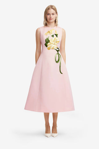 Cleo Appliqué Sleeveless Midi Dress - Vine Print in Pink Dress Midi