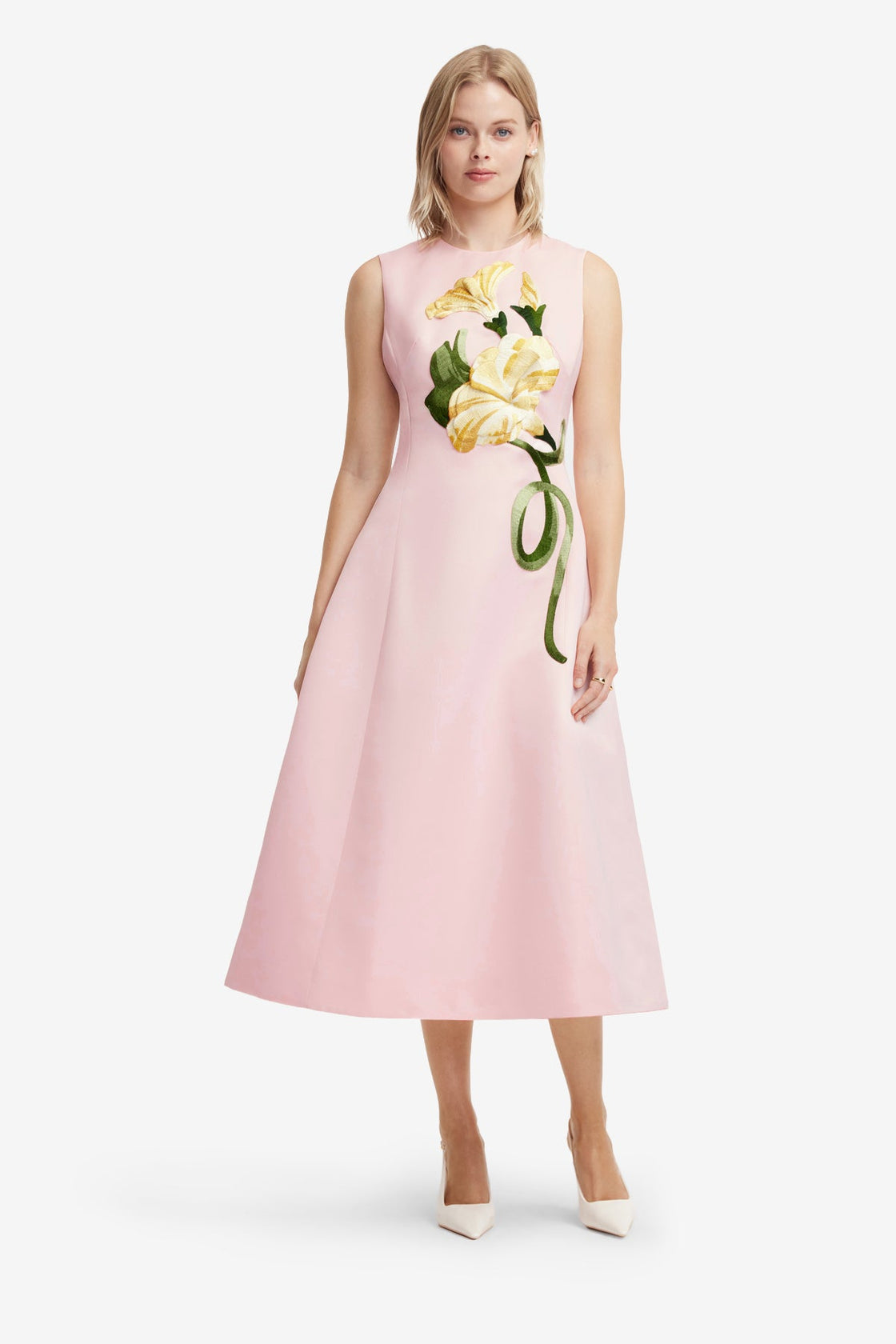 Cleo Appliqué Sleeveless Midi Dress - Vine Print in Pink Dress Midi