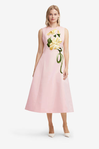 Cleo Appliqué Sleeveless Midi Dress - Vine Print in Pink Dress Midi