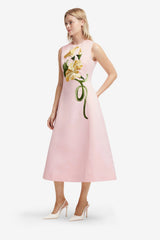 Cleo Appliqué Sleeveless Midi Dress - Vine Print in Pink Dress Midi