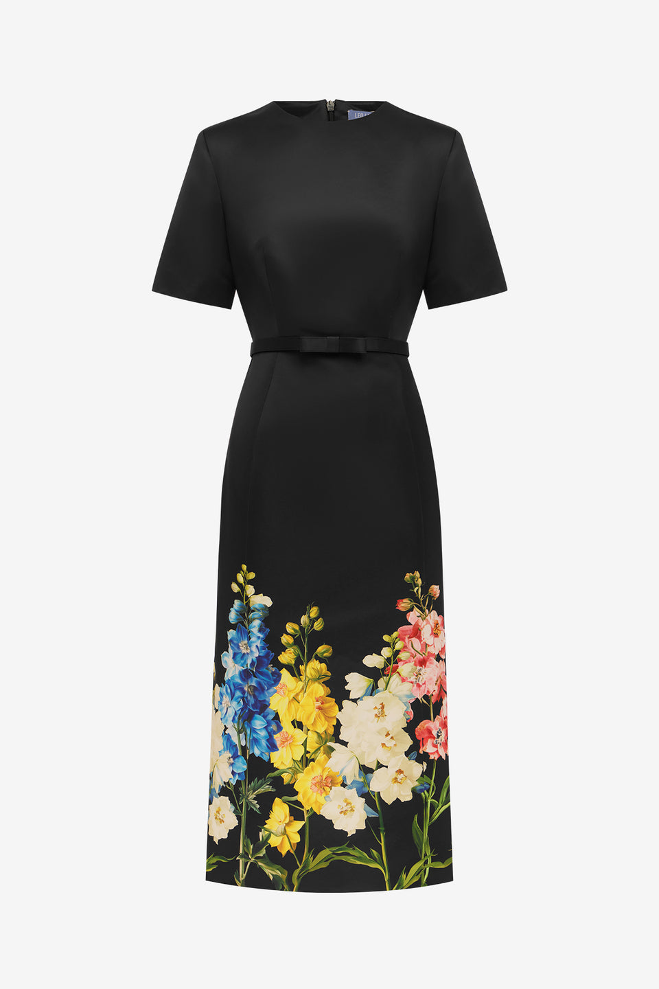 Elizabeth Short Sleeve Midi Dress - Snapdragon Print in Ebony Dress Midi