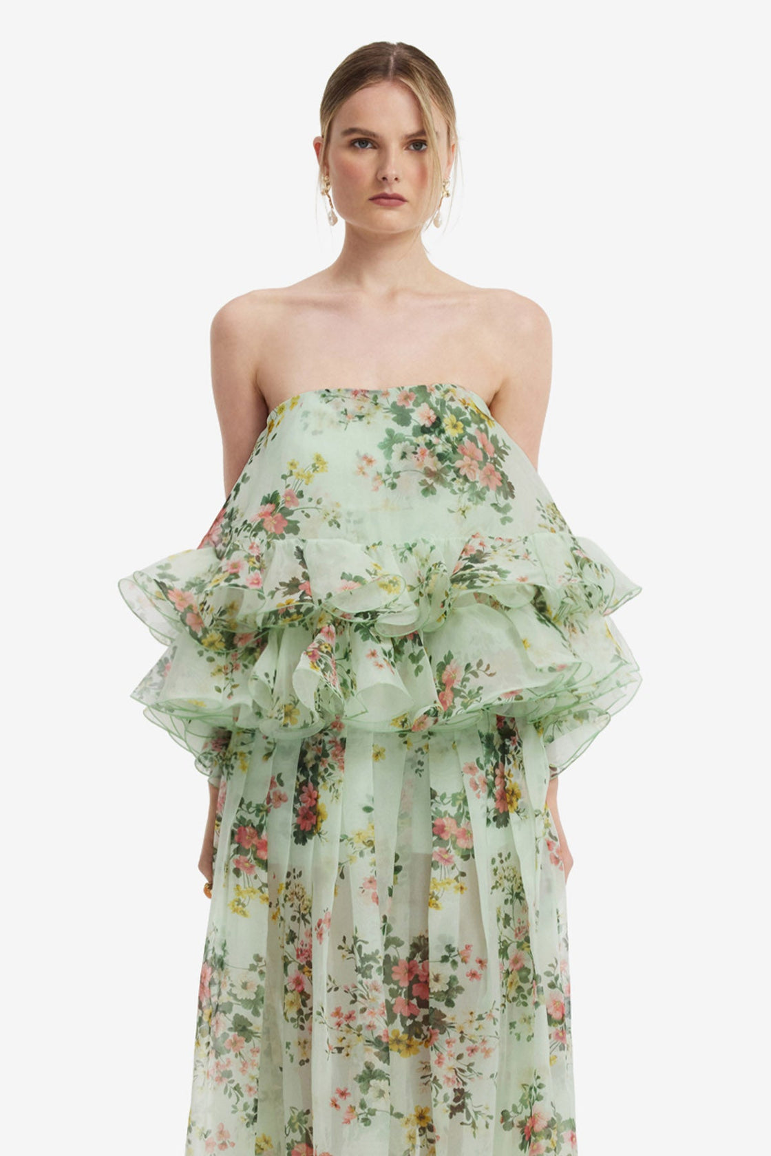 Gia Bustier Ruffled Top - Posy Print in Mint Tops