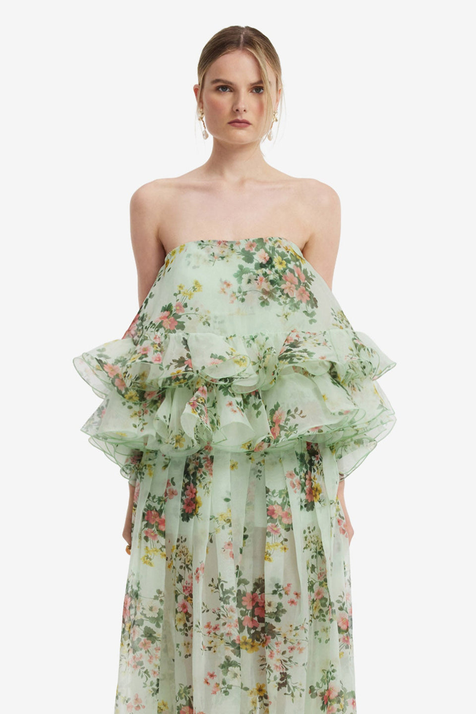 Gia Bustier Ruffled Top - Posy Print in Mint Tops
