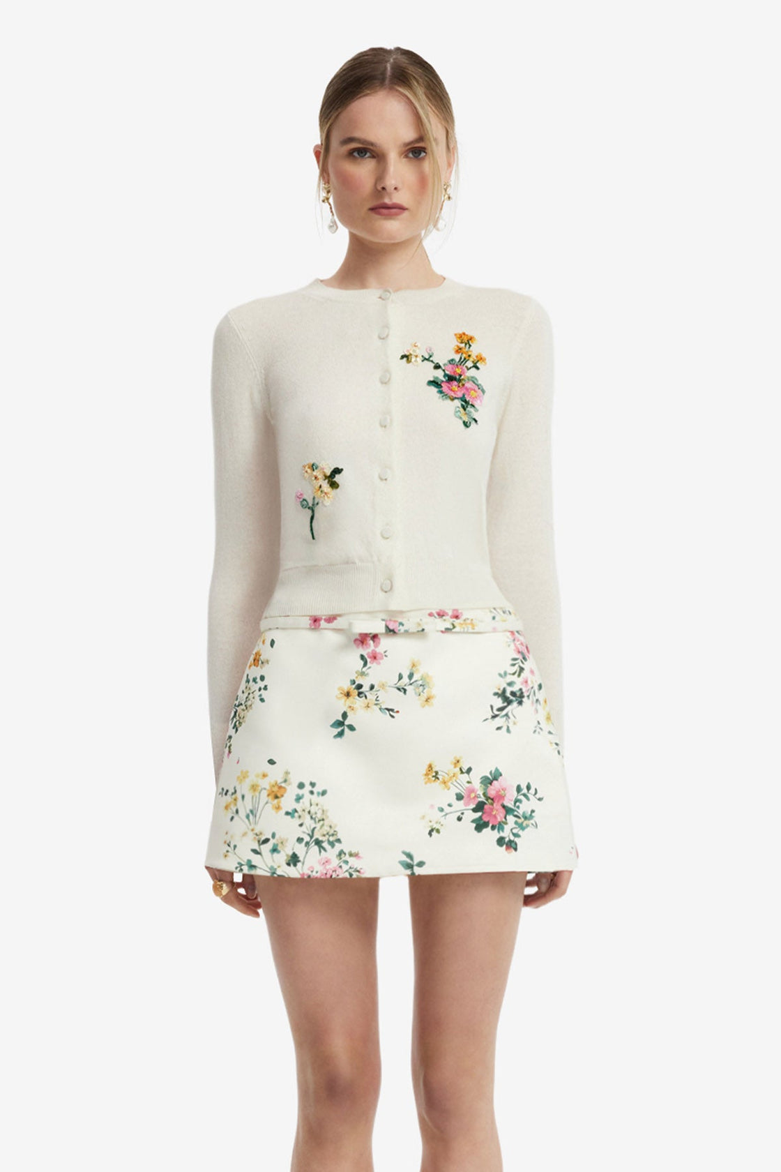Claire Embellished Knit Cardigan - Posy Print in Snow Tops